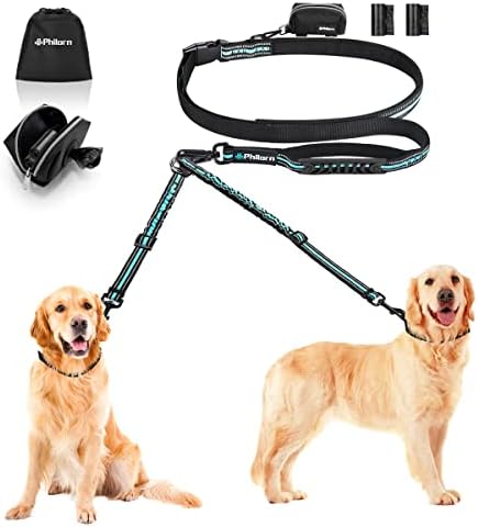  PHILORN Hands-Free Double Dog Leash 110lbs Comfortable Shock Absorbing Reflective Bungee For 2 Dogs Walking Training 66-84 Inch Adjustable No Tangle Dual Dog Leash With Pouch 2 Handles (Black)