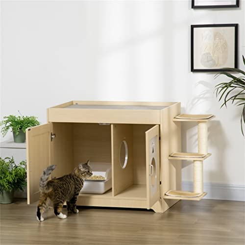  ACQUIRE 3 In 1 Litter Box Enclosure Hidden Kitty House Cat Tree, Cat Washroom Storage Bench With Double Doors, Multiple Layers
