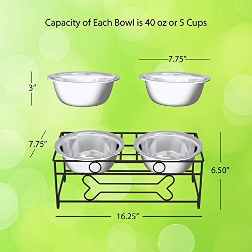  PETMAKER Stainless Steel Raised Food & Water Bowls With Decorative 6.5” Tall Stand For Dogs & Cats-2 Bowls, 40oz Each-Elevated Feeding Station,Silver