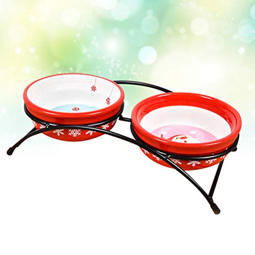  Iplusmile Christmas Supplies Dual Use Cat Bowls Ceramic Bowl Non- Slip Feeding Container Pet Water Food Bowls With Bowl Holder Red