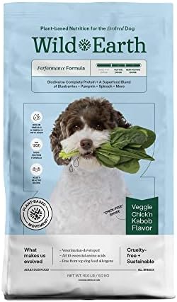  Wild Earth Vegan Dry Dog Food Performance Formula | Plant-Based Vegetarian Kibble | Wheat-Free, Allergen-Free, Veterinarian-Developed | Veggie Chick'n Kabob Flavor, 4lb Bag