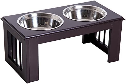  PawHut 17" Small Puppy Dog Feeding Station For Messy Pets, Stainless Steel Elevated Dog Bowls With Modern Wooden Frame, Dog Food Stand Pet Feeding Station, White