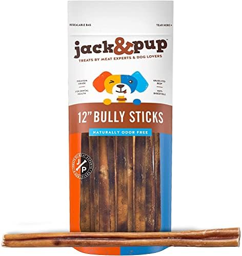  Jack&Pup Thin Dog Bully Sticks Odor Free, Bully Sticks For Dogs, Healthy Dog Treats Bully Sticks For Small Dogs, Beef Dog Chews, Pizzle Chew Sticks For Dogs (12-Inch Thin Bully Stick, 12 Pack)