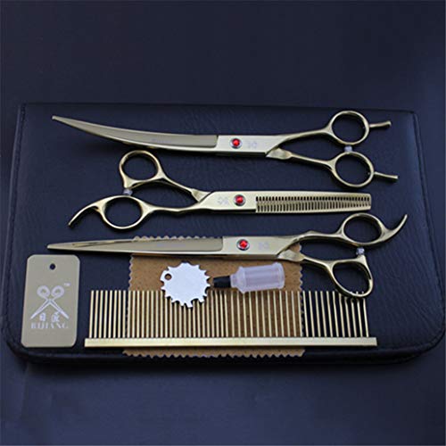  Professional 8.0 Inch Golden Hairdressing Scissors Set Pet Grooming Cutting Premium Steel Kit Straight & Thinning & Curved Shears 3 Pcs Set For Cat Dog Teddy And More Pets Clean Hair Tool