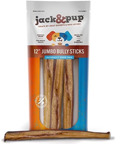  Jack&Pup Thin Dog Bully Sticks Odor Free, Bully Sticks For Dogs, Healthy Dog Treats Bully Sticks For Small Dogs, Beef Dog Chews, Pizzle Chew Sticks For Dogs (12-Inch Thin Bully Stick, 12 Pack)