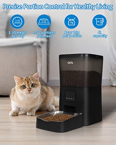  QLIFE Automatic Cat Dog Feeder: Dry Food Dispenser For Dog, Auto Pet Feeder, Portion Control Automatic Dog Feeder (Black WiFi, 4L)