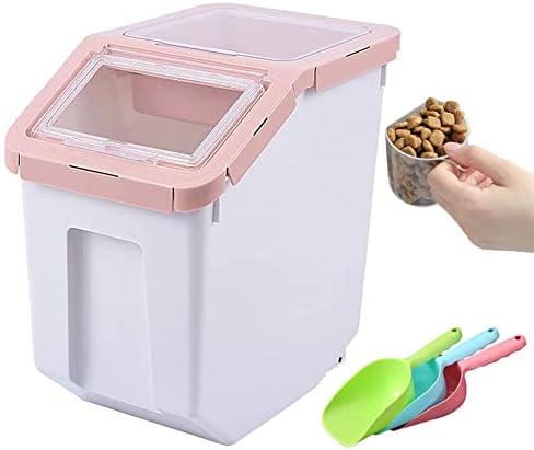  YXQ Dog Food Storage Container Airtight Box Grey,10kg Bulk Dry Food Grain Storage Barrels Sealed Bucket,Pets Food Bin With Seal Locking Lid, Wheels,Measuring Cup,1pcs Scoops(Random Color)…