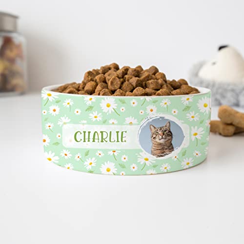 GENERIC Personalized Pet's Photo Bowl, Pastel Green Daisy Pattern Bowl, Dog Name Bowl, Cat Name Bowl, Gift For Pets, Ceramic Pet Bowl, Available In 2 Sizes