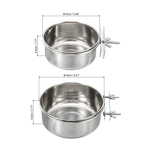  PATIKIL Bird Feeding Dish Cup, 1 Set Stainless Steel Parrot Cage Feeder Water Bowl With Clamp Holder For Small Animals, Silver Tone