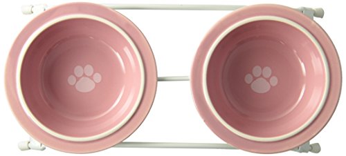 PetRageous 44355 Toftees Paws Diner With Two 1-Cup Dishwasher Safe Stoneware Bowl Capacity 10.75-Inch Length 2.25-Inch Tall For Extra Small And Small Dogs And Cats, White And Pink