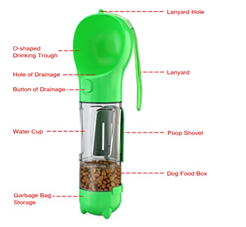 GENERIC DOGBELL 4 In 1 Dog Portable Water Bottle With Food Container And Pet Waste Bag Container With LED Flashlight Additional Plastic Bags Bundle Dog Supplies With Shovel And Snack Storage Green 9100