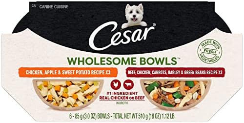  Cesar Wholesome Bowls Adult Soft Wet Dog Food Variety Pack, Beef, Chicken, Carrots, Barley & Green Beans Recipe And Chicken, Apple & Sweet Potato Recipe, (6) 3 Oz. Bowls