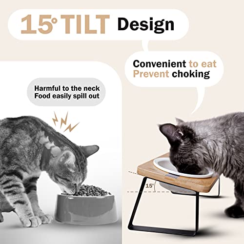  Elevated Cat Ceramic Bowls Stand For Food And Water, Small Dog, Anti Vomit, Indoor Cats, Tilted Feeding Position, Full Bamboo Body Stand With Food Grade, Whisker Friendly Dish For Cats And Puppy