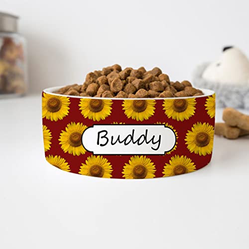 GENERIC Red Sunflowers Pattern Pet Bowl With Customized Name, Pet's Name Bowl, Food Bowl For Dog, Cat Bowl, Ceramic Bowl Available In Two Sizes