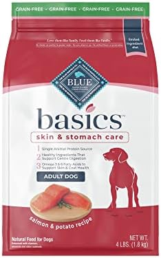  Blue Buffalo Basics Skin & Stomach Care, Grain Free Natural Adult Dry Dog Food, Salmon & Potato 4-lb
