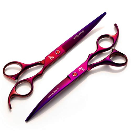  Purple 7.0 Inch Professional Hairdressing Scissors Set Pet Grooming Cutting Premium Steel Kit Straight & Thinning & Curved Shears Comb 4 Pcs Set For Cat Dog And More Pets Clean Hair Tool