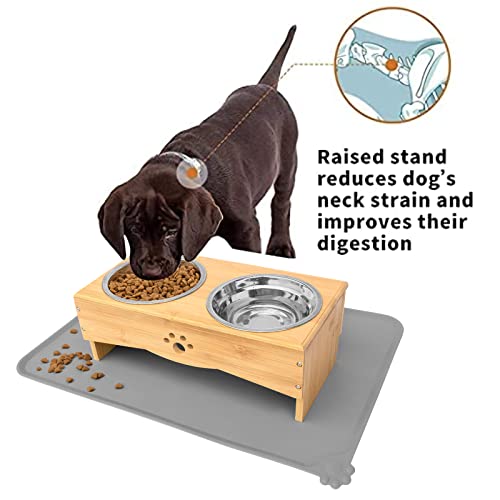  Raised Dog Bowls Stand For Small To Medium Dogs, Bamboo Elevated Dog Food And Water Bowls Feeder Holder (5" Tall With Mat, Bamboo)