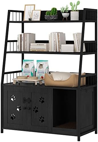  Recaceik Large Cat Litter Box Enclosure With Shelf Storage, Hidden Cat Washroom Furniture, Wooden Cat House With Scratch Pad, Sturdy Indoor Cat Cabinet With 2 Doors, Black