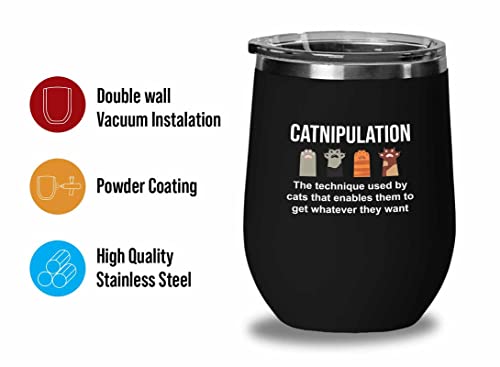  Flairy Land Cat Lady Black Wine Tumbler 12oz - Catnipulation Defiition -Cat Funny Gifts Cat Mom Cat Grandma Pet Paw Kitten Whiskers Cat Lovers Feline Cat Person Cat Rescuer