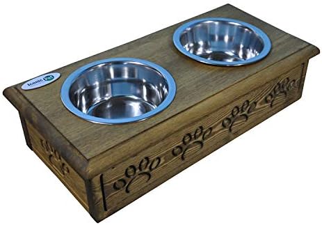  Iconic Pet Sassy Paws Wooden Pet Double Diner With Stainless Steel Food & Water Bowls For Dogs & Cats
