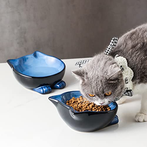  Nihow Ceramic Basic Cat Bowls: 6.25 Inch Cat Bowl For Food & Water - Food Grade Cat Dish For Large-Sized Cat/Medium-Sized Dog - Microwave & Dishwasher Safe -Elegant Blue & Black (8.5 OZ /1 PC)