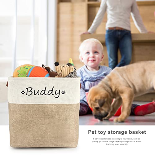  Personalized Dog Toy Box Square Basket With Leather Handles , Custom Name And Paw Pattern Puppy Toy Bin , Storage Baskets For Organizing Food Clothes And Pets Accessories(White Beige)
