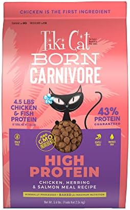  Tiki Cat Born Carnivore High Protein, Herring & Salmon Meal, Grain-Free Baked Kibble To Maximize Nutrients, Dry Cat Food, 2.8 Lbs. Bag