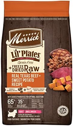  Merrick Lil' Plates Small Breed Dog Food, Grain Free Real Texas Beef And Sweet Potato With Raw Bites Recipe, Small Dog Food - 4 Lb. Bag
