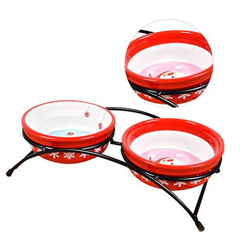  Iplusmile Christmas Supplies Dual Use Cat Bowls Ceramic Bowl Non- Slip Feeding Container Pet Water Food Bowls With Bowl Holder Red