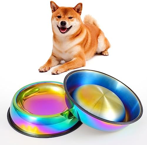  LEOWOW Rainbow Color Stainless Steel Cat Bowl Water & Feeder Bowls 2 In 1 Slow Feed Bowl For Small/Medium Cats/Dogs With Non-Skid Rubber Base, 9.5 Oz /280ml Capacity Each (Set Of 2)