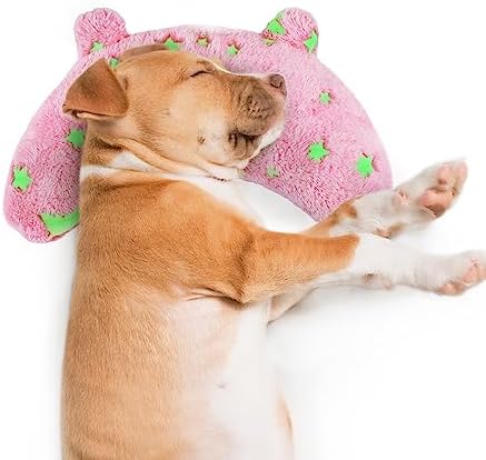  POMESEA Pet Pillow For Dogs, Glow In The Dark Soft Dog Neck Pillow, U-Shaped Pillow For Cat And Dog, Machine Washable Pet Calming Toy, Joint Relief Sleeping Improve For Pets (Pink)
