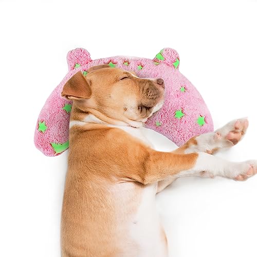  POMESEA Pet Pillow For Dogs, Glow In The Dark Soft Dog Neck Pillow, U-Shaped Pillow For Cat And Dog, Machine Washable Pet Calming Toy, Joint Relief Sleeping Improve For Pets (Pink)