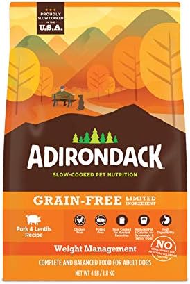  Adirondack Dog Food Made In USA [Limited Ingredient Grain Free Dog Food], Weight Management Dry Dog Food, Pork And Lentils Recipe, 4 Lb. Bag