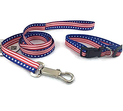  BUNFIREs American US Flag Dogs Collar And Leash Set Patriotic, Fourth Of July Dog Collar, Independence Day Heavy Duty Adjustable For Small Medium Large Breeds Dog