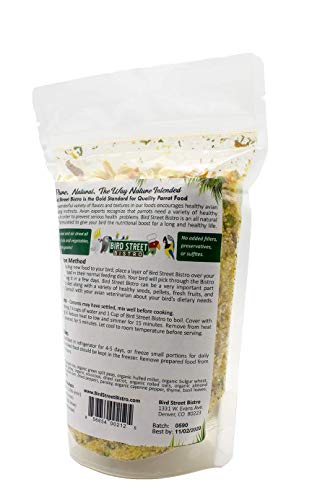  Bird Street Bistro Parrot Food - Parakeet Food - Cockatiel Food - Bird Food - Cooks In 3-15 Min W/Natural & Organic Grains - Legumes - Non-GMO Fruits, Vegetables, & Health Orientated Spices