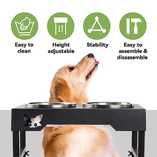  Raised Dog Bowl, Elevated Dog Bowl Adjustable To 3 Heights (9.9", 12", 16") With 2 Stainless Steel Dog Bowls For Small, Medium & Large Dogs Storing Food And Water, Black