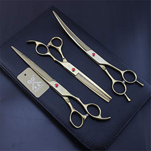  Professional 8.0 Inch Golden Hairdressing Scissors Set Pet Grooming Cutting Premium Steel Kit Straight & Thinning & Curved Shears 3 Pcs Set For Cat Dog Teddy And More Pets Clean Hair Tool