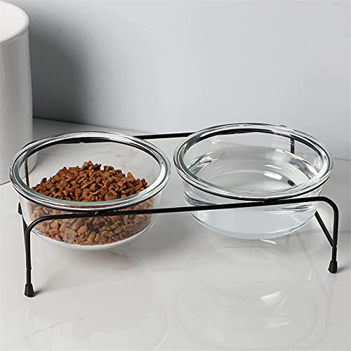  GDCZ Glass Raised Cat Or Small Dog Bowls With Heighten Metal Stand And Non-Slip Bottom For Pet Food And Water Dishes,18 Ounces Transparent