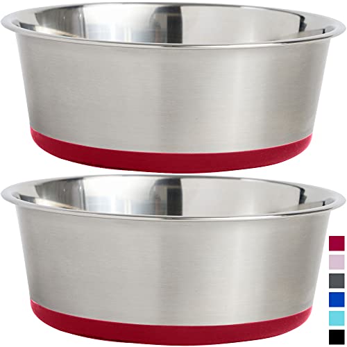  Gorilla Grip Stainless Steel Metal Dog Bowl Set Of 2, 6 Cups, Rubber Base, Heavy Duty, Rust Resistant, Food Grade BPA Free, Less Sliding, Quiet Pet Bowls For Cats And Dogs, Dry And Wet Foods, Red