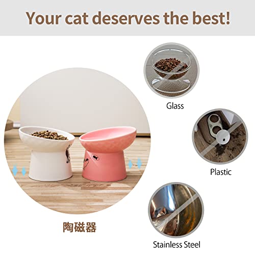  Tilted Ceramic Raised Cat Bowls, 8 OZ Food And Water Bowls Set For Kitty, 5 In Porcelain Elevated Stress Free Feeding Pet Dish, Dishwasher And Microwave Safe (White & Pink)