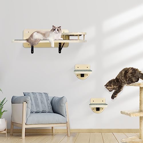  Cat Wall Shelves With 2 Steps,Cat Wall Mounted Shelves And Perches Set,Cat Wall Furniture With 2 Cat Bowls For Indoor Cats,Cat Climbing Shelf Hammock With Climbing Shelf Perches Plush Covered