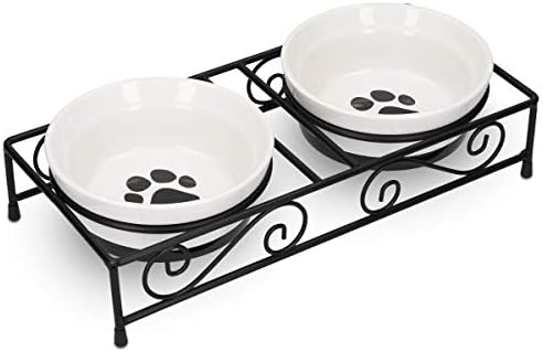  Navaris Ceramic Pet Bowl Set - Food Water Bowls For Cats, Small Dogs And Puppies With Non-Slip Retro Metal Stand - Set Of Bowls, 10.8 Oz Each