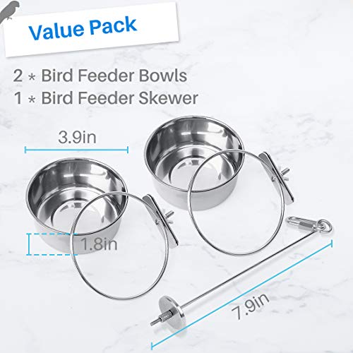 Kalevel 2pcs Bird Feeder Bowl Feeding Coop Cup Stainless Steel Parrot Cage Food Water Dish With Bird Fruit Holder Veggie Skewer