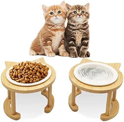  BNOSDM Elevated Ceramic Cat Bowls For Foods Water Raised Kitty Dishes Wooden Stand Tilted Set Weighted Pet Food Dish Orthopedic Anti Vomiting Pet Feeder For Small Cats Puppy