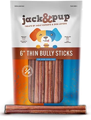  Jack&Pup Thin Dog Bully Sticks Odor Free, Bully Sticks For Dogs, Healthy Dog Treats Bully Sticks For Small Dogs, Beef Dog Chews, Pizzle Chew Sticks For Dogs (12-Inch Thin Bully Stick, 12 Pack)