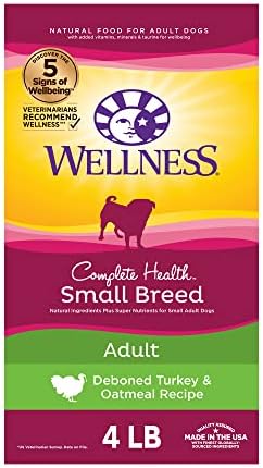  Wellness Complete Health Small Breed Dry Dog Food With Grains, Natural Ingredients, Made In USA With Real Turkey, For Dogs Up To 25 Lbs, (Adult, Turkey & Oatmeal, 4-Pound Bag)