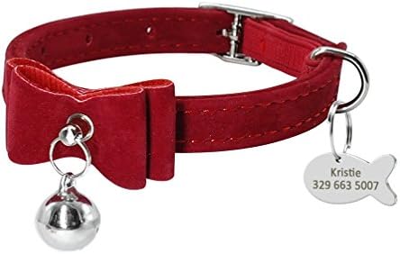  Kuntrona Cat Collar With Bell Personalized Kitten Puppy ID Tag Bowknot Collar Customized Cat Dog Collars Name Pink Blue Free Engraving Red XS
