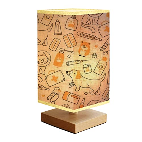  Bedside Lamps Veterinary Seamless With Pets Medicines And Food A Cat In A Collar And Reading Nightstand Lamp, Minimalist Wood Base Rectangular Fabric Shade Table Lamp For Bedroom Living Room