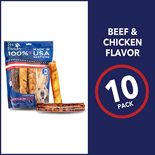  Pet Factory 100% Made In USA Beefhide 8" Rolls Dog Chew Treats - Beef & Chicken Flavor, 10 Count/1 Pack