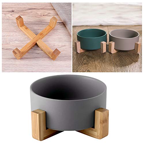  Pet Bowl Ceramics Food Feeding Bowl Pet Feeder Wood Frame Round Bowl Pet Supplies (Grey, Shelf+ Bowl)